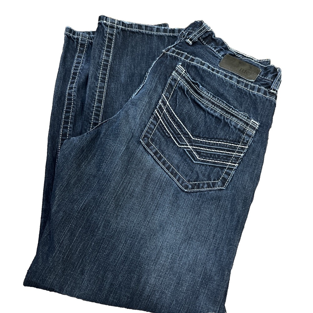 BKE Buckle Jeans Mens 36R Blue Denim Tyler Straight Dark Wash Faded Whisker Pant